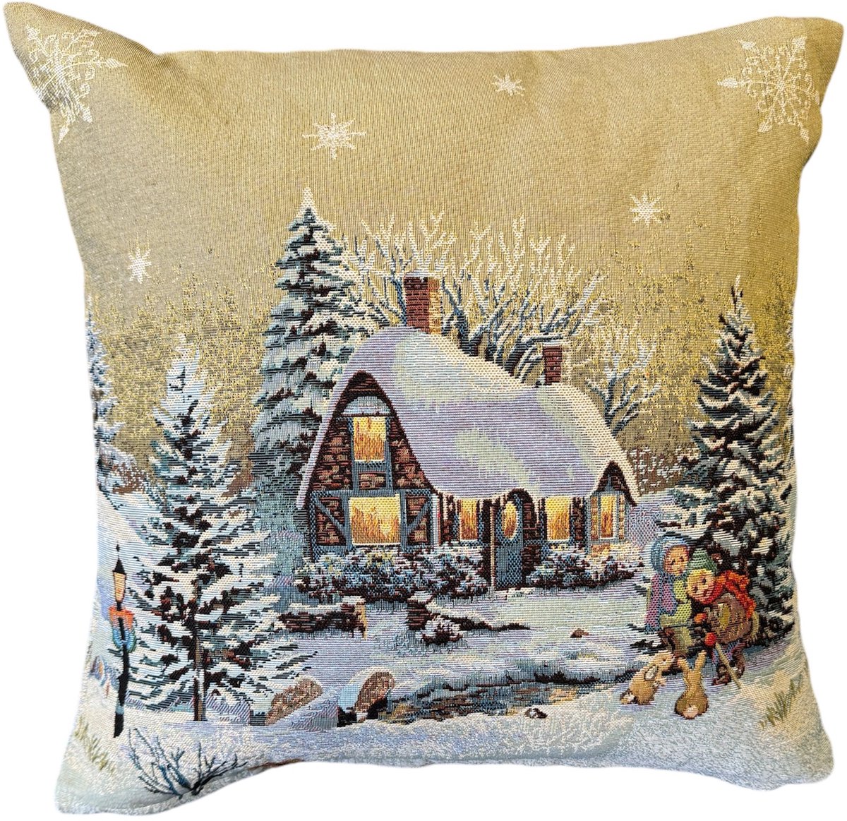 Kussenhoes - Gobelinstof - Kerst - Crèmekleurige - Winterdorp - Winterhuisje - Dennenbomen - Sneeuw - 45 cm