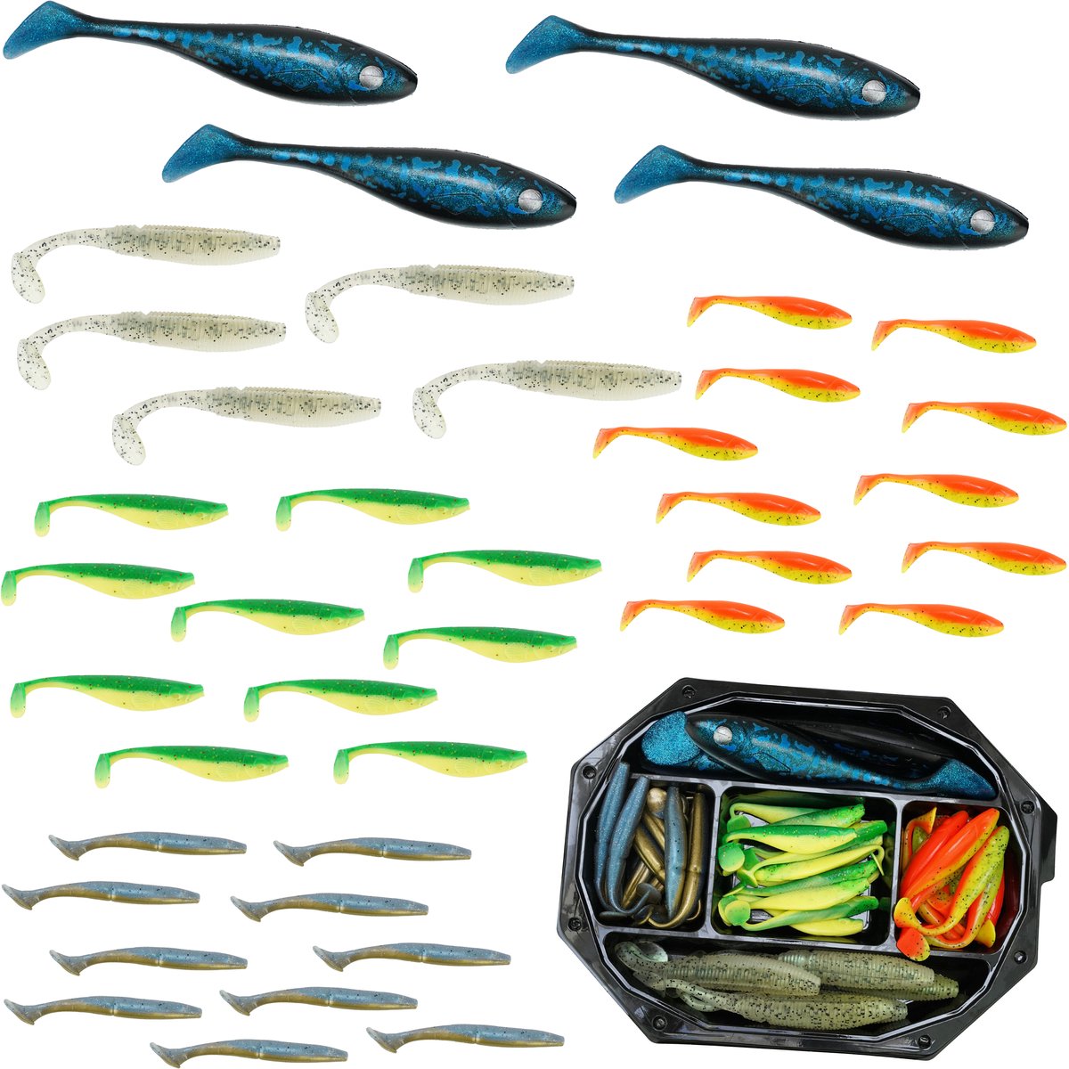 Fish-Xpro Fishxpro Softbait Set Naturel - Helder Water - 7 tot 20cm - +/- 35 stuks - Shads - Kunstaas
