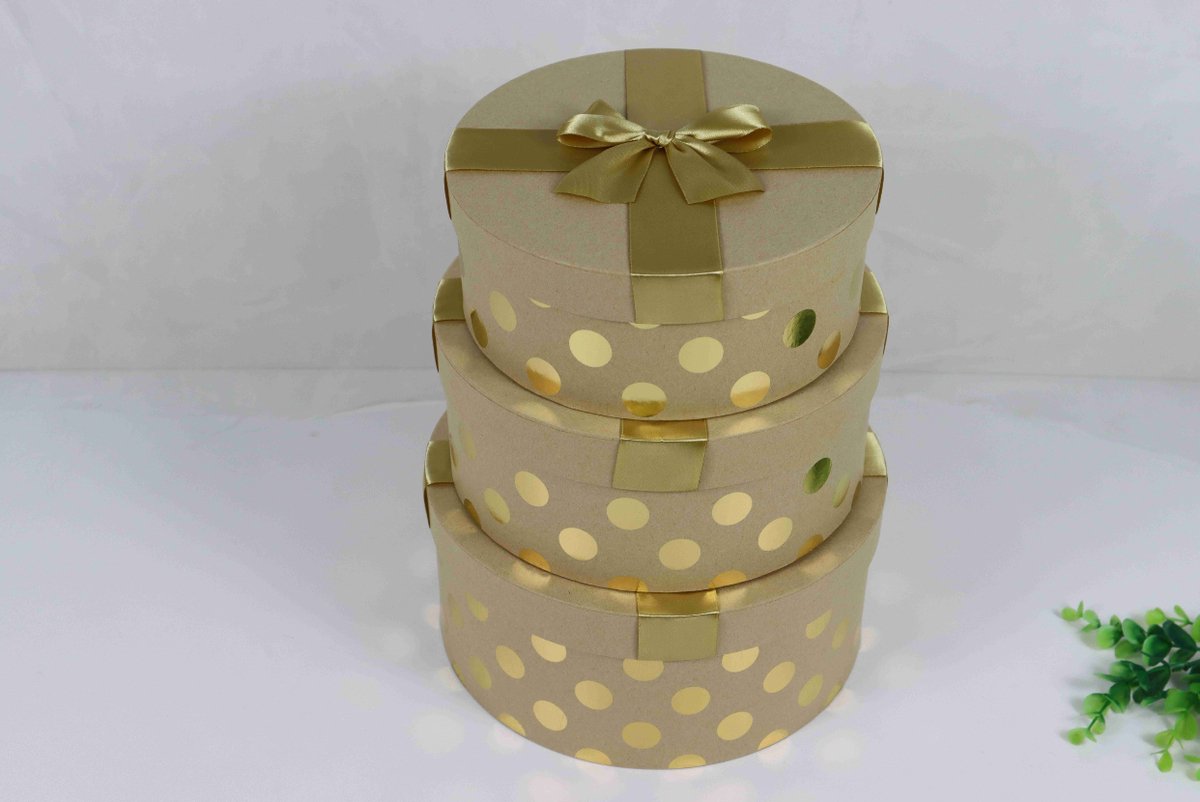 Luxe Rond Doos met Deksel - Beige Met Goud Stippen - M 23*10cm - Cadeaudoos - Geschenkdoos