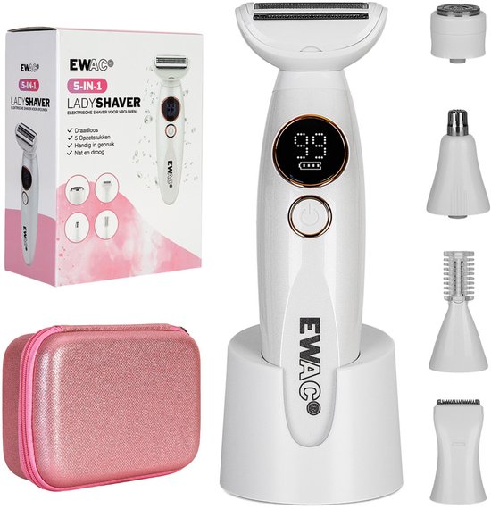 Doos van de 5-in-1 ladyshave, witte elektrische scheerapparaat met oplader, reistas en 5 opzetstukken.