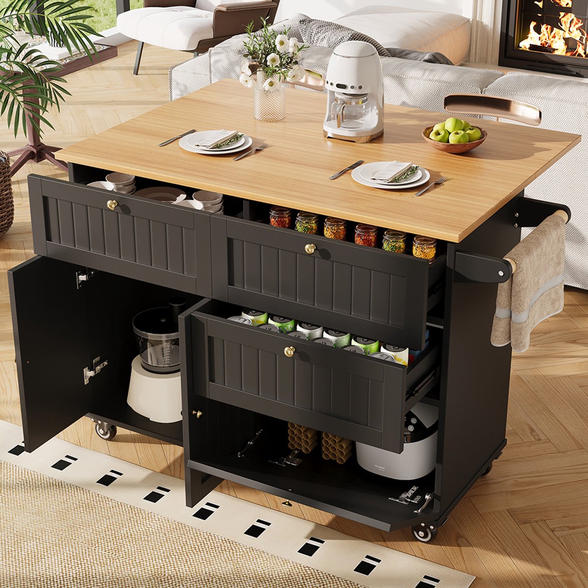 Pugsdrly Moderne keukeneiland, keukenmeubel, buffetkast, serveerwagen met houtnerf, buffetkast, multifunctionele eettafel met opbergruimte, serveerwagen met uitschuifbare kasten, zwart