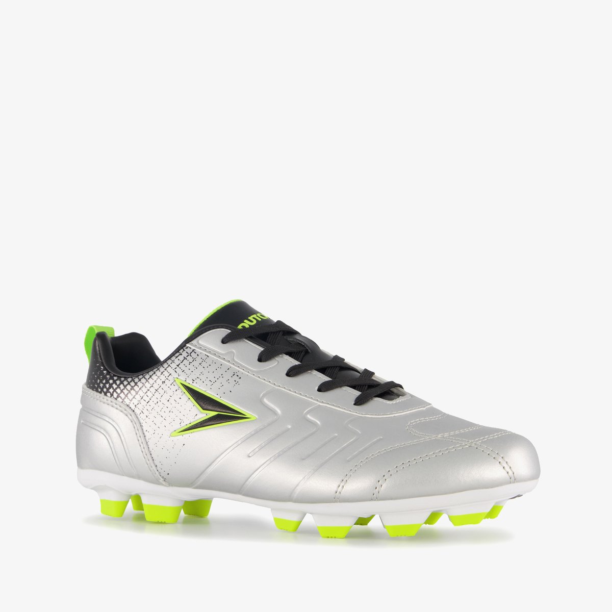 Zilverkleurige Dutchy Top-Spin voetbalschoenen voor kinderen, maat 37, met groene accenten en rubberen FG zool voor grip.