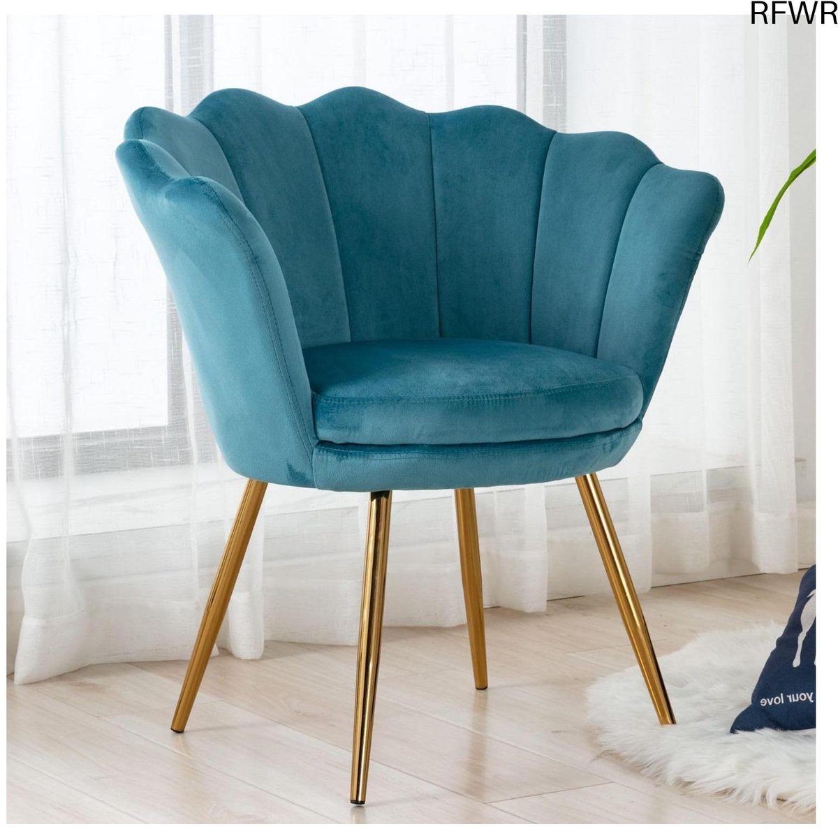 RFWR Fluwelen Make-uptafelstoel met Gouden Poten - Ergonomische Loungestoel voor Woonkamer Blauw