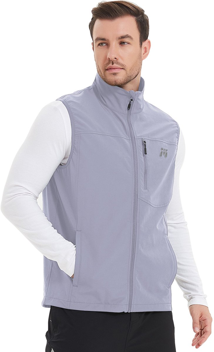 MEETYOO Bovenkleding voor heren winddichte lichtgewicht golfvesten met 5 ritszakken softshell mouwloze jas voor buiten Lightgrey