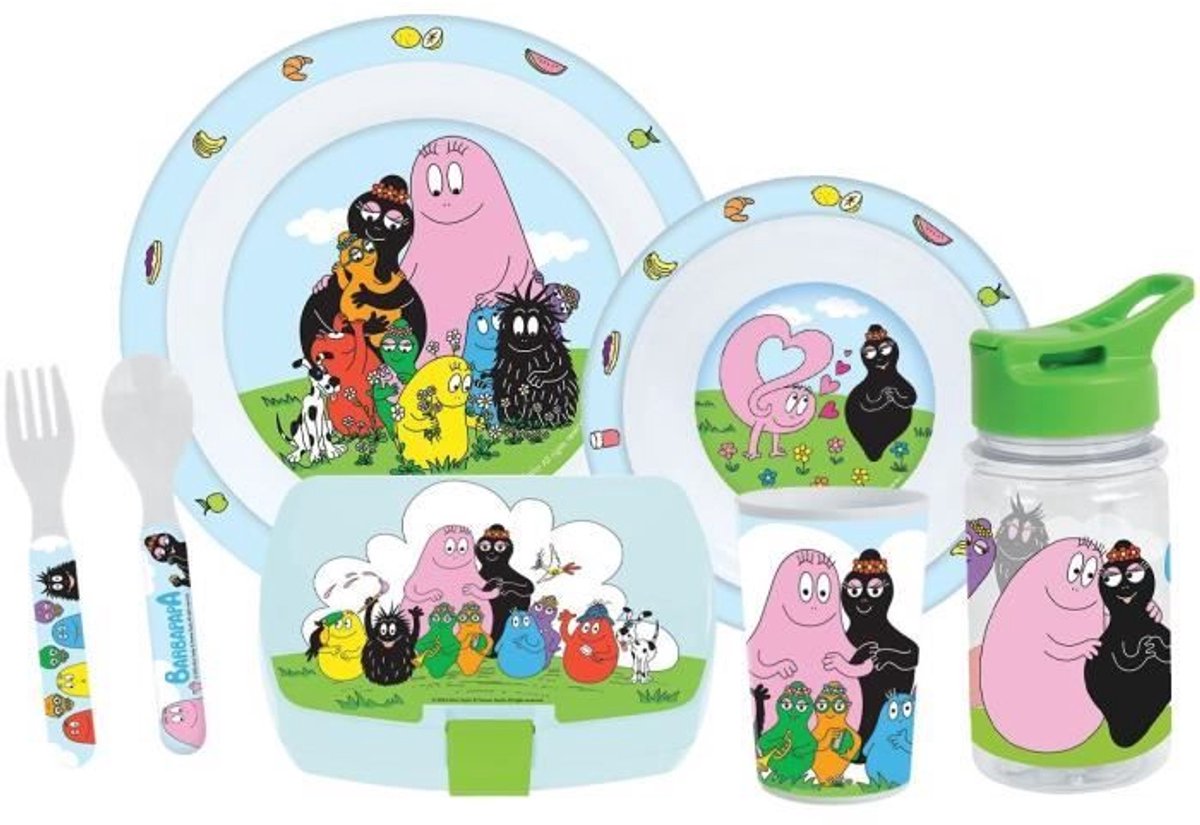 Serviesset - FUN HOUSE - BARBAPAPA - Glas, bord Ø22 cm en Ø16 cm, bestek, waterfles en snackbox