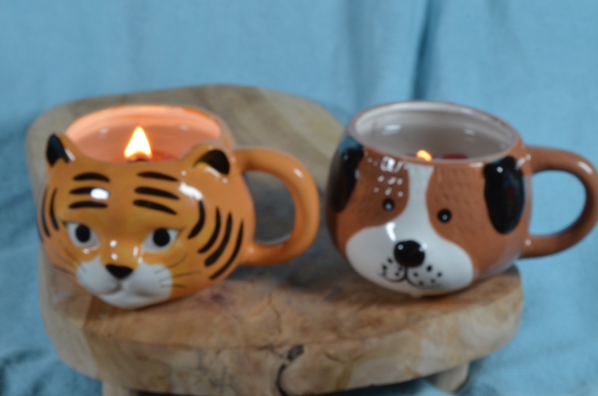 Voordeel Set van 2 Gelkaarsen met Houten Pit - 1x Hond en 1x Tijger - Gemaakt door Candles by Milanne - BEKIJK VIDEO