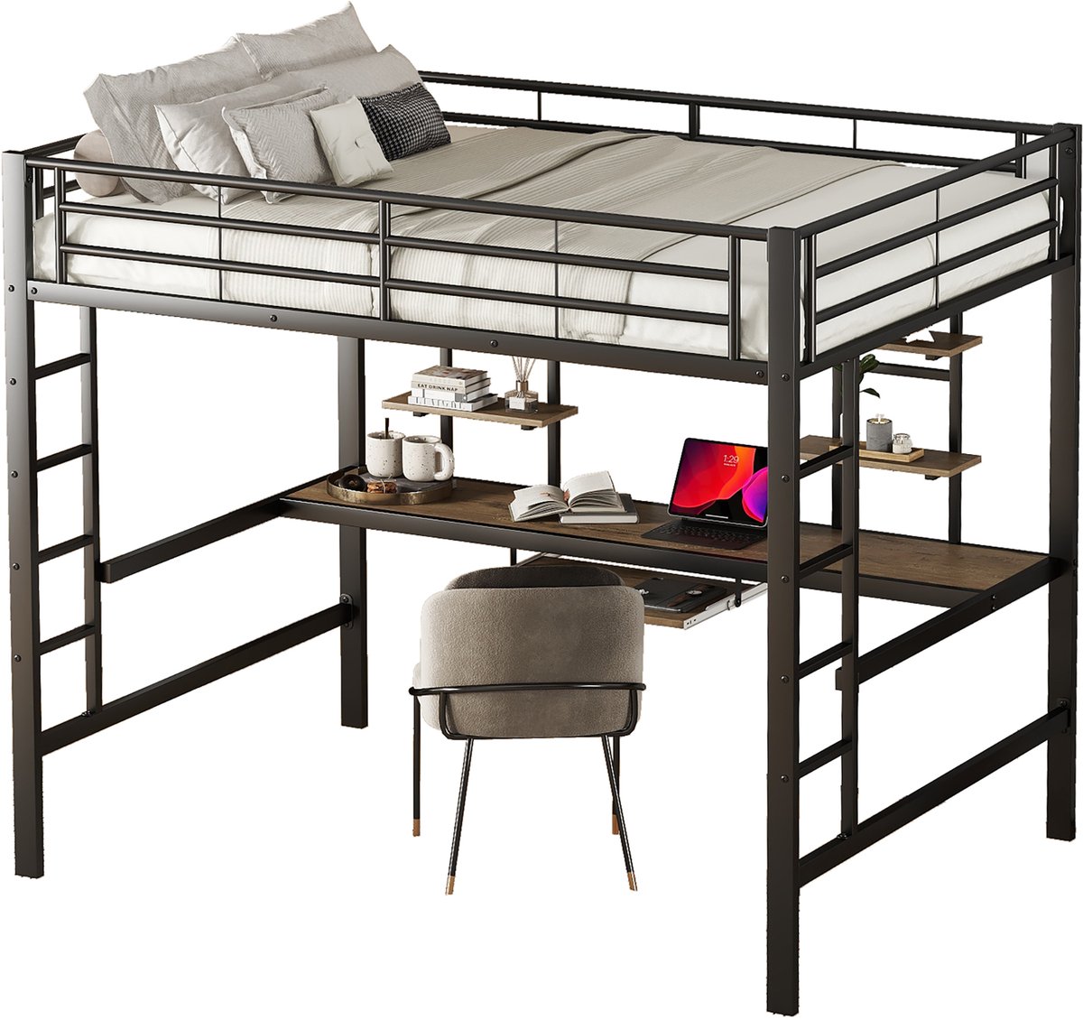 Merax Hoogslaper met bureau en twee boekenplanken - voor kinderen - tieners en volwassenen - 140x200 cm - zwart