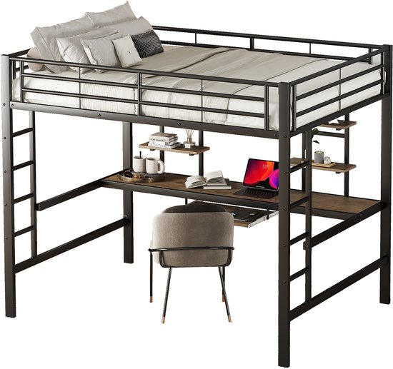 Lit mezzanine avec bureau et deux étagères - pour enfants, adolescents et adultes - 140x200 cm - noir