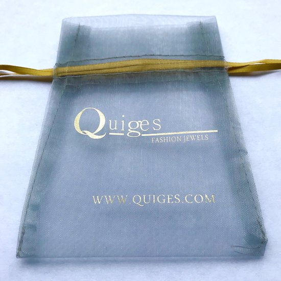 Grijze organzazak met gouden logo "Quiges Fashion Jewels" en "WWW.QUIGES.COM".