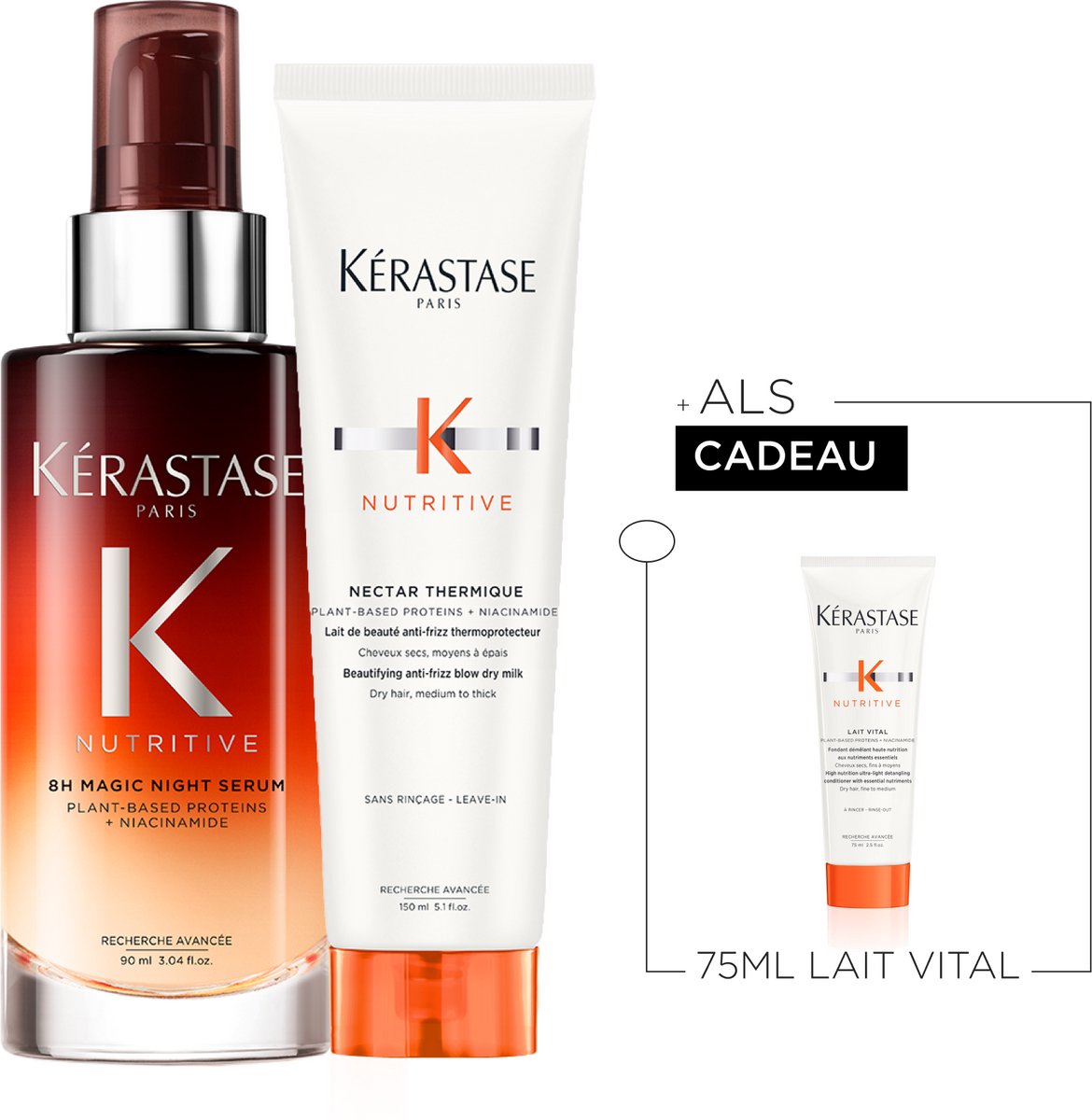 Kérastase Nutritive Leave-in Duo + Cadeau - Nutritive 8H Magic Night Nachtserum 90ml & Nectar Thermique Voedende & Hittebeschermende Leave-in Crème 150ml + Lait Vital Conditioner 75ml Cadeau - Dik, Droog haar