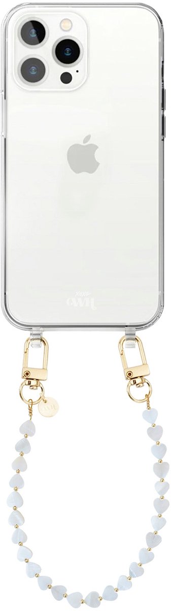 xoxo Wildhearts siliconen hoesje - Geschikt voor iPhone 12 Pro Max hoesje - Shell Hearts (short) - Telefoonhoesje - Hoesje met koord - gekleurde hartjes - Kort koord - Transparant hoesje met telefoonkoord - Beige / Crème