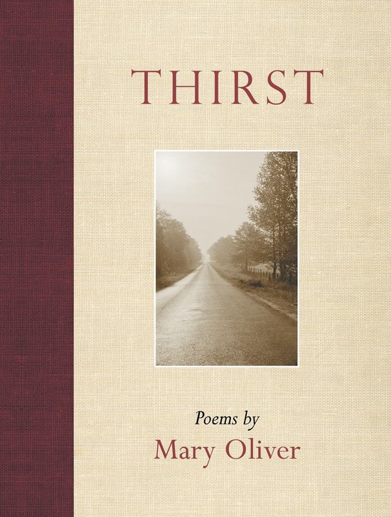 Livre 'Thirst' de Mary Oliver, avec une photo d'une route disparaissant dans le brouillard.