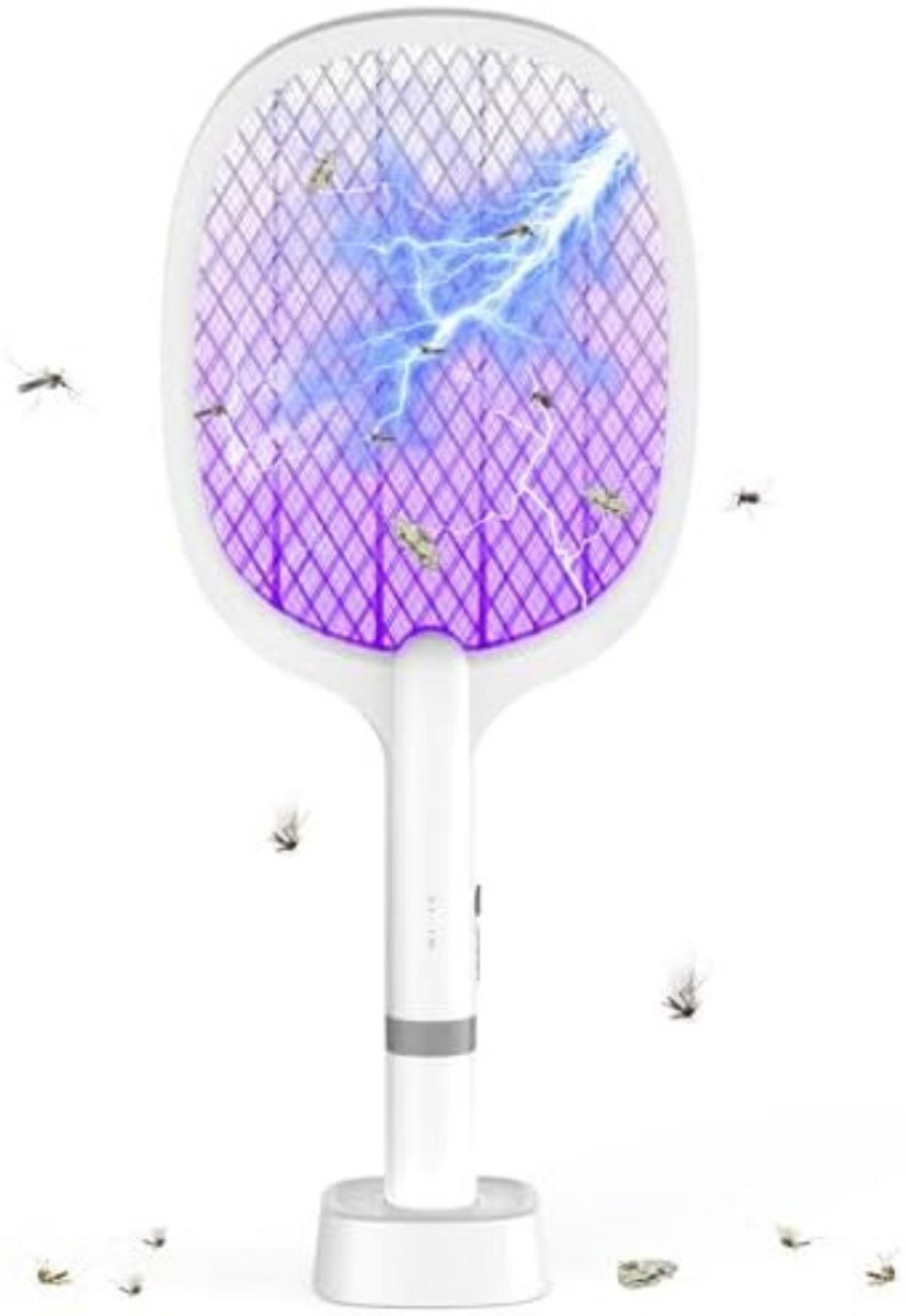 Elektrische Vliegenmepper - Insectendoder - Muggenlamp - Vliegendoder - 2-in-1 Oplaadbaar via USB-C - 5000V Spanningsnet - Met UV-Licht - 1800mAh Batterij - Voor Binnen en Buiten - Veilig - Handmatig en Automatisch - Zonder Chemische Middelen