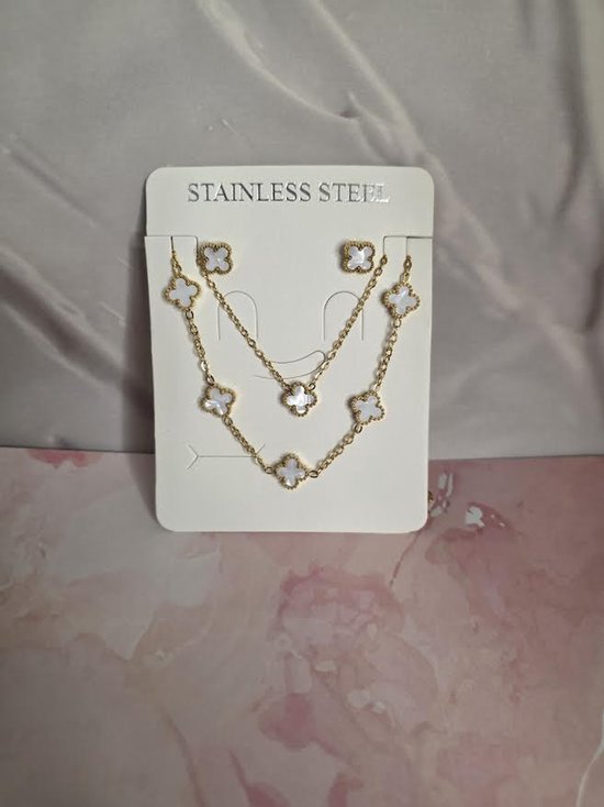 Parure de bijoux de Luxe en trèfle blanc – Collier, bracelet et Boucles d'oreilles – Couleur or – EHH Beauty – Symbole porte-bonheur – Cadeau pour femme