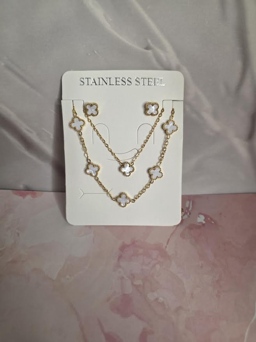 EHH Beauty- witte Klaver Sieraden set – Ketting, Armband & Oorbellen –9mm - Goudkleurig – Gelukssymbool – Cadeau voor Vrouwen