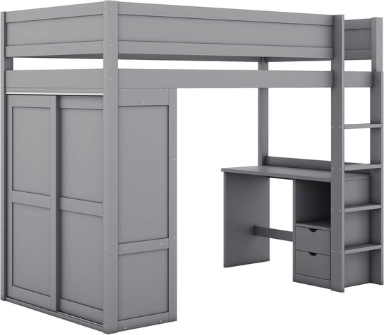 Lit mezzanine 90x200 cm - lit bébé multifonctionnel avec armoire, bureau et tiroirs - gris