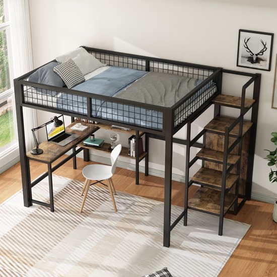 Lit - 140x200 cm - échelle de rangement - multiples étagères - sans matelas - armoire intégrée - bureau - noir