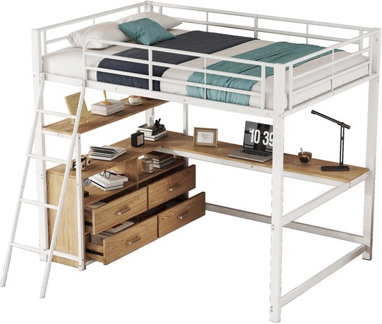 Lit mezzanine - 140x200cm - tiroirs pratiques - bureau élégant en L - design stratifié - sans matelas - blanc