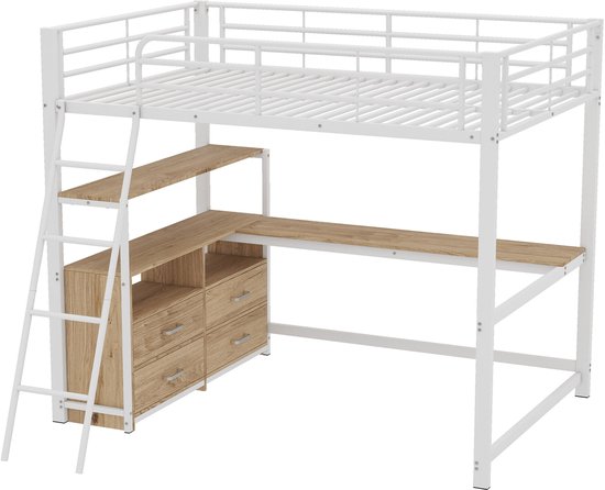 Lit mezzanine - 140x200cm - tiroirs pratiques - bureau élégant en L - design stratifié - sans matelas - blanc