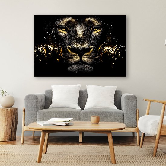 Décoration murale de Luxe lion doré - Peinture lion sur verre - Art or - Hyperréalisme - Acrylique - Décoration murale - verre acrylique 105x70 cm