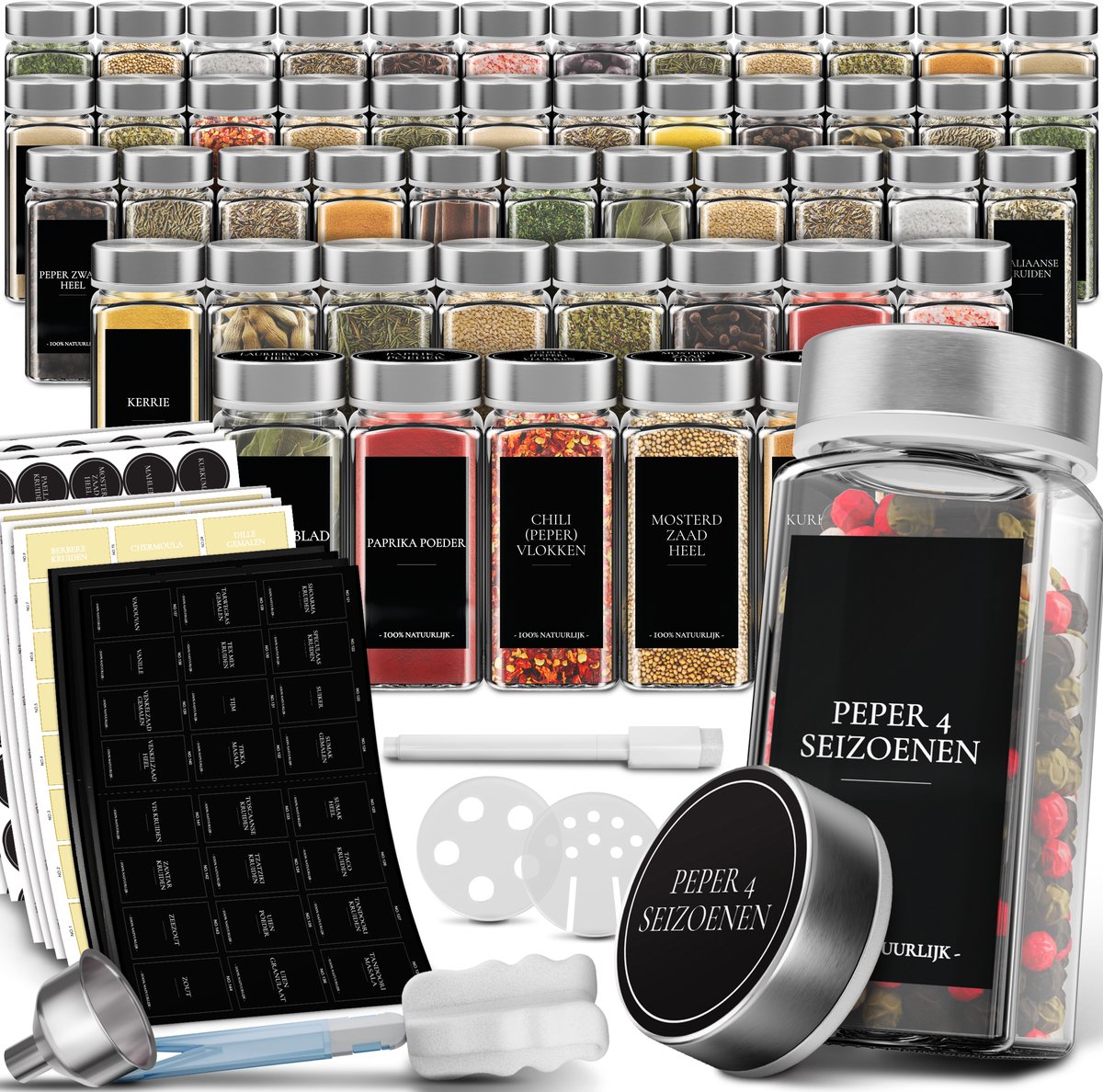 Soothe 48 Glazen Kruidenpotjes Vierkant met RVS Deksel – 2 Soorten Strooideksels – Kruidenstrooier – Spice Jars – Complete Set incl Kruiden Stickers, Krijtstift en Accessoires – 120ml