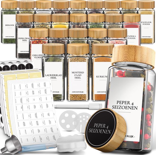 Soothe 24 Glazen Kruidenpotjes Vierkant met Bamboe Deksel – 2 Soorten Strooideksels – Kruidenstrooier – Spice Jars – Complete Set incl Kruiden Stickers, Krijtstift en Accessoires – 120ml