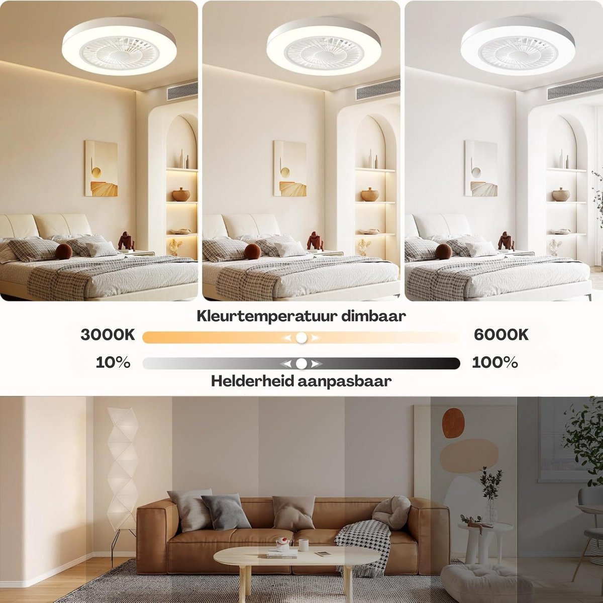 Slimme Plafondventilator met LED Verlichting - App & Afstandsbediening - Plafondlamp met Ventilator - Fluisterstil - Slaapkamer - Woonkamer - Kinderkamer - Ø50 cm - Wit thumbnail 6