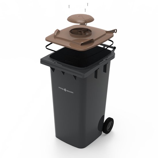 Grijze container met bruine deksel, losse onderdelen zoals deksel, scharnieren en schroeven.