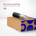 Zwarte masturbator op discrete bruine verpakking met blauwe cirkels.