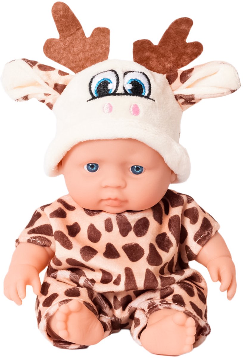 Speelgoedtopdeals – Babypop in Dierenpak – Donker Giraffen pakje – 20 cm