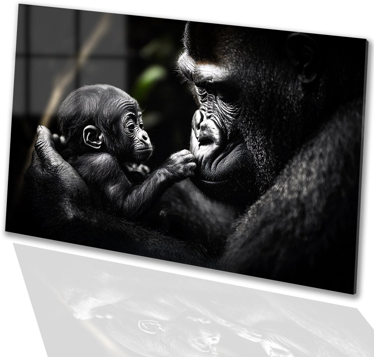 Moeder en baby gorilla - Gorilla glas schilderijen - Wanddecoratie glas dier - Zwart wit - Acrylaat - Slaapkamer decoratie - acrylglas 120x80 cm