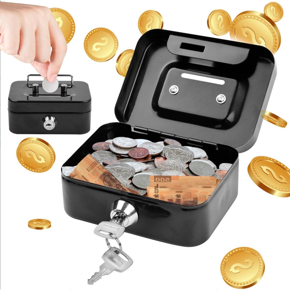 Allecto Plus - Kleine Geldkist met Slot voor Munten en Bankbiljetten - Zwart metaal - 2 Sleutels