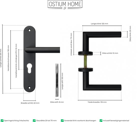 Technische tekening van een matzwarte deurklink op een schild met afmetingen en de tekst 'OSTIUM HOME'.