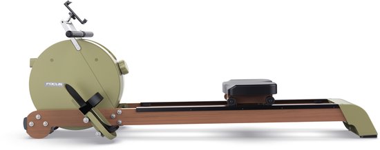 Zijanzicht van de roeitrainer 'Focus Fitness' met groen en houten design.