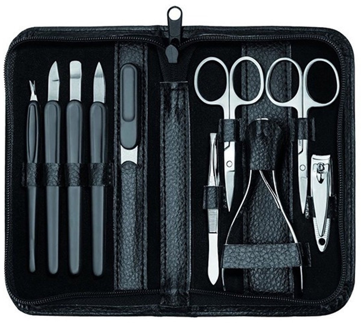 10-delig – Complete nagelverzorgingsset manicureset in zwart leren etui met ritssluiting