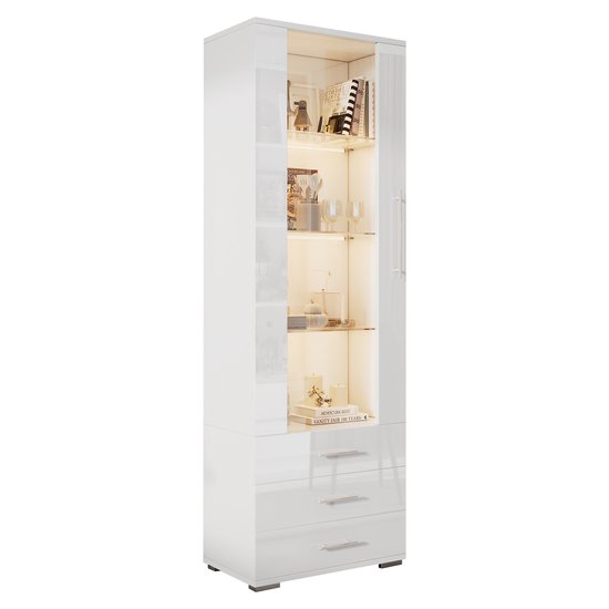 Vitrine Haute En Verre Brillant Avec éclairage LED, Avec 2 Tiroirs,vitrine Sur Pied,meuble De Salon Avec Porte Battante,60×40×171 - Maison