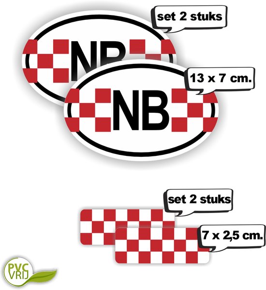 Set van 2 ovale "NB" stickers (13x7 cm) en 2 rechthoekige stickers (7x2.5 cm), beide met rode en witte schaakbordrand. PVC VRIJ.