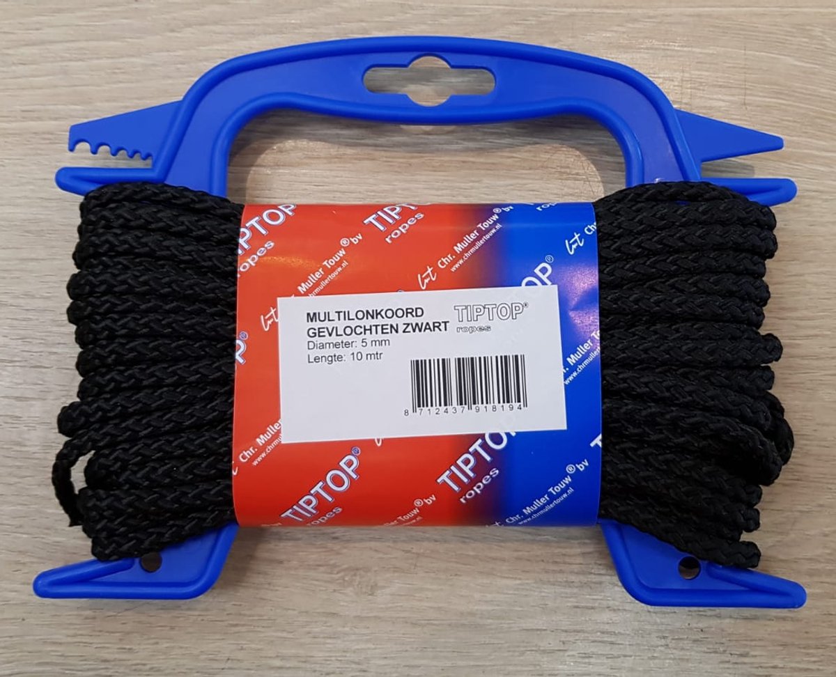 Multilon Gevlochten Koord 5 mm - 10 Meter - Zwart - Op Blauwe Haspel