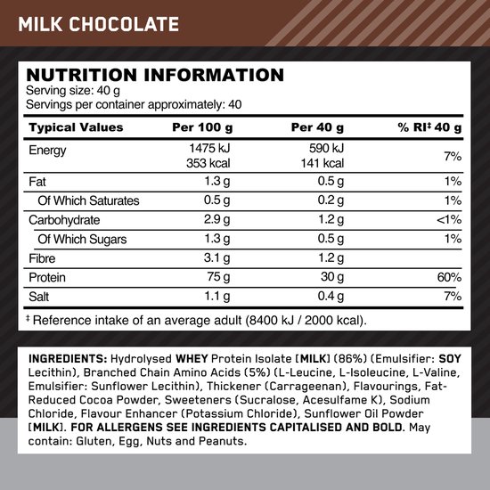 Optimum Nutrition Platinum Hydrowhey - Milk Chocolate Eiwitshake - 100% Whey Isolaat Proteine Poeder - 1600 gram (40 shakes) — afbeelding 3