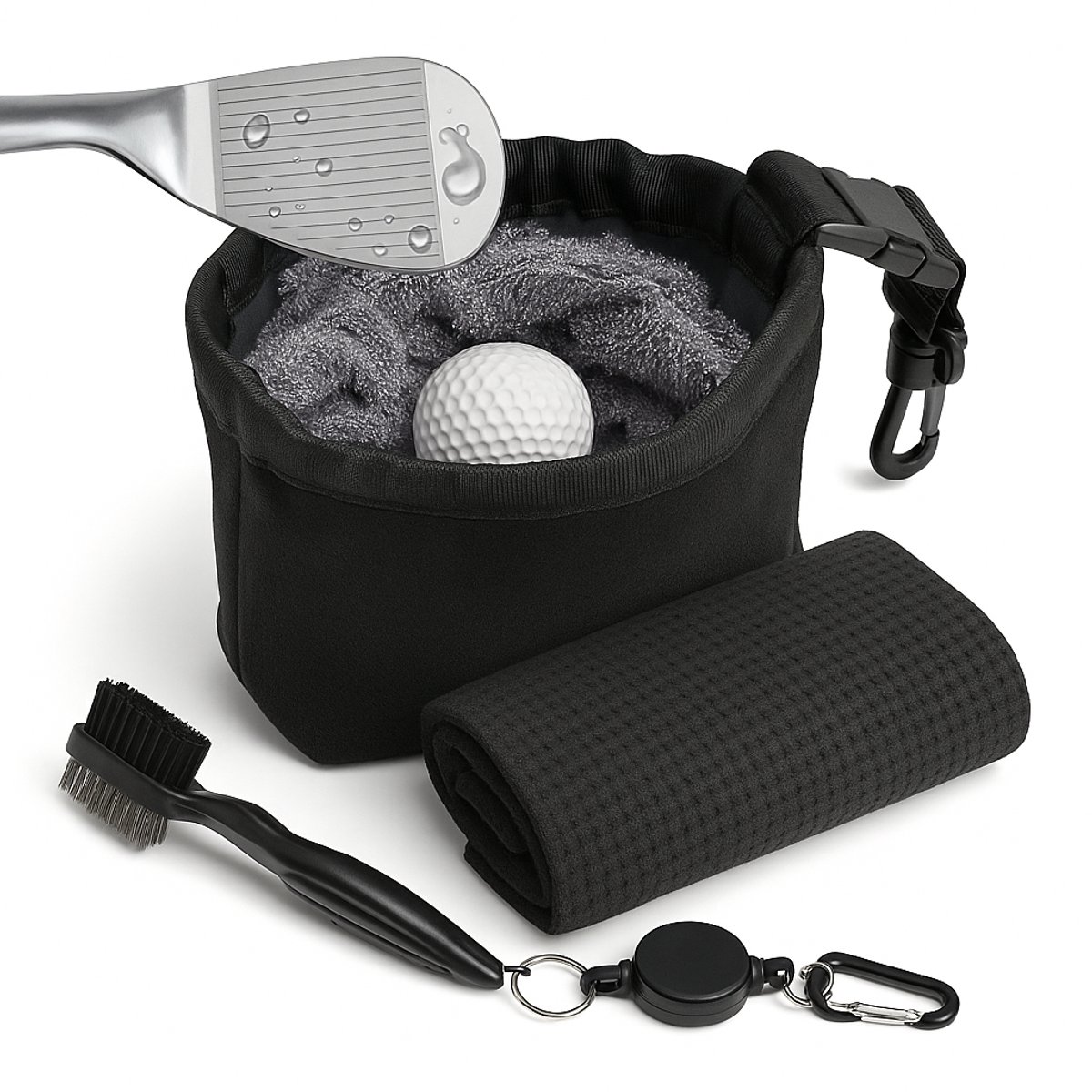 GolfClean Pro Set – Complete Reinigingsset Voor je Golfuitrusting- Golf Accessoires - Golf Handdoek + Golf Borstel - Zwart - Cadeau Set