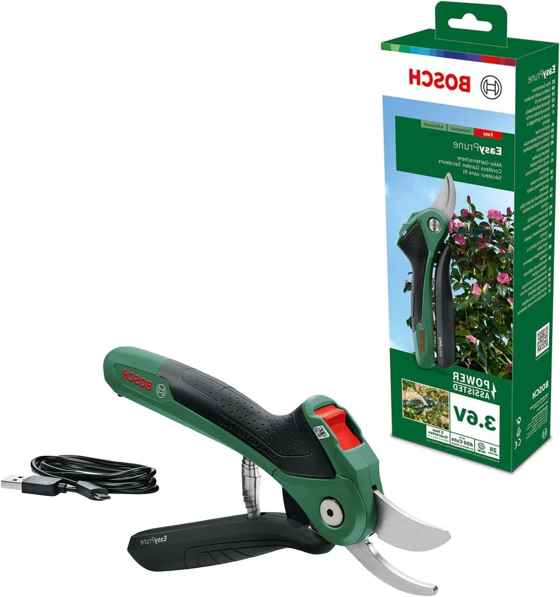 Accutuinschaar EasyPrune - Ingebouwde accu van 36 volt; 450 knipbewegingen per acculading; oplaadbaar met micro-USB-kabel; in kartonnen doos