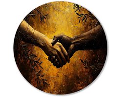 Handen in warme harmonie - Verbondenheid wanddecoratie rond - Wandschaal handen - Expressionisme - Forex schilderij - Minimalistische wanddecoratie - muurcirkel forex 90x90 cm