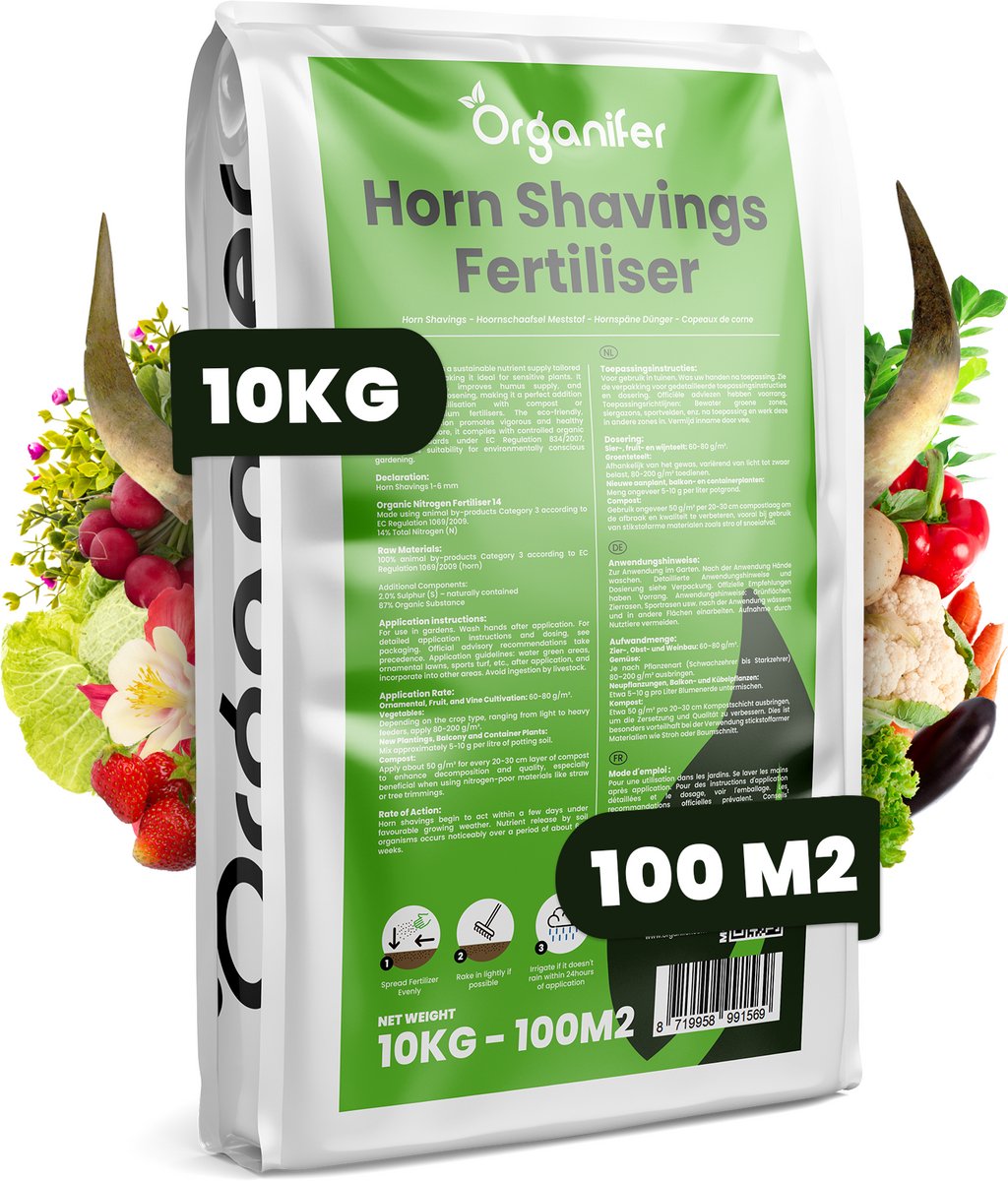 Hoornspaanders 1-6 Mm - 10 Kg Voor 100 M² - Organische Stikstofmeststof - Stimuleert De Groei En Verbetert De Bodemgezondheid - 100% Natuurlijk, Uit Pure Hoorn - Vrij Van Kunstmatige Meststoffen - Langzaam Vrijkomende Stikstof Met 14% - Organifer