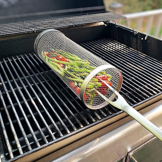 Foto: Grillmand met cilindervormige grill roestvrijstalen grillmand met vork grillrek kookaccessoires voor buitengrillen groenten vis vlees grillen kampeerbenodigdheden