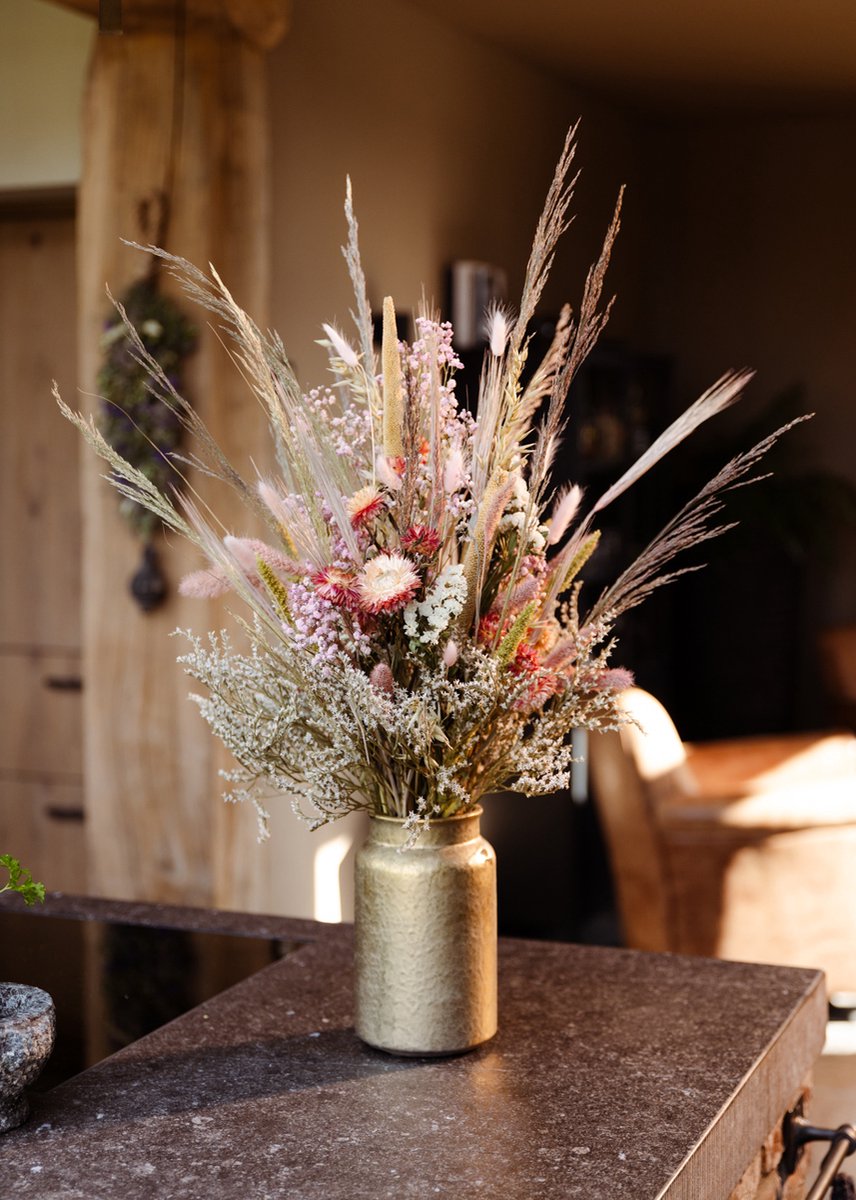 Droogbloemen boeket ''Pink Garden'' | 70 cm | Inclusief vaas | Prachtige natuurlijke uitstraling | Perfect voor ieder interieur