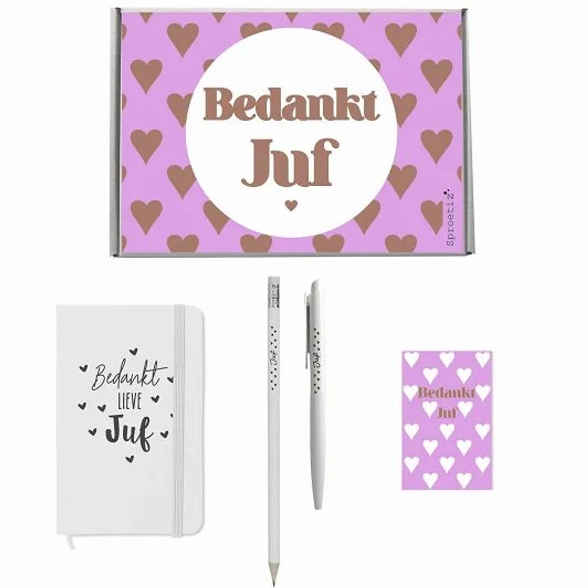 Set afscheid juf. Set van notitieboekje, balpen, potlood, minikaartje in kadodoosje