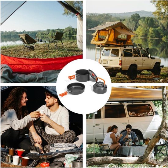 Odoland Campingkookgerei, 16-delig, outdoor serviesset met 3 pannen, braadpan en waterkoker, campingkookpannenset, aluminium kookgerei voor camping, reizen, picknick