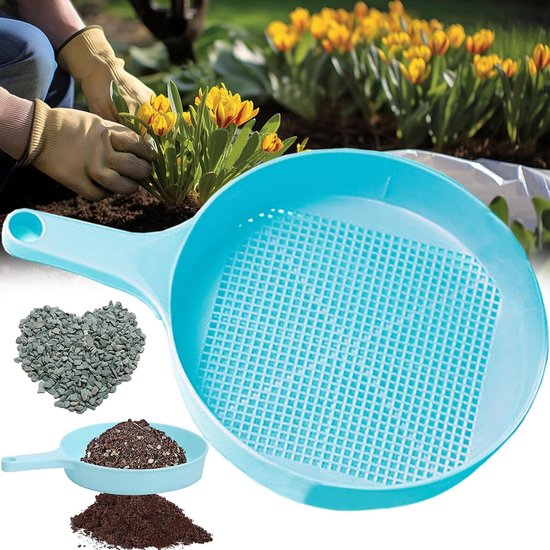 Allecto Plus - Tuinzeef met Handvat en Gaaszeef voor Tuinieren en Planten | Zandzeef van Kunststof voor Bodemzeef en Grondzeef | Ideaal voor Zaailingen en Aardzeef | Mesh Zeef voor Zand, Grond en Steen