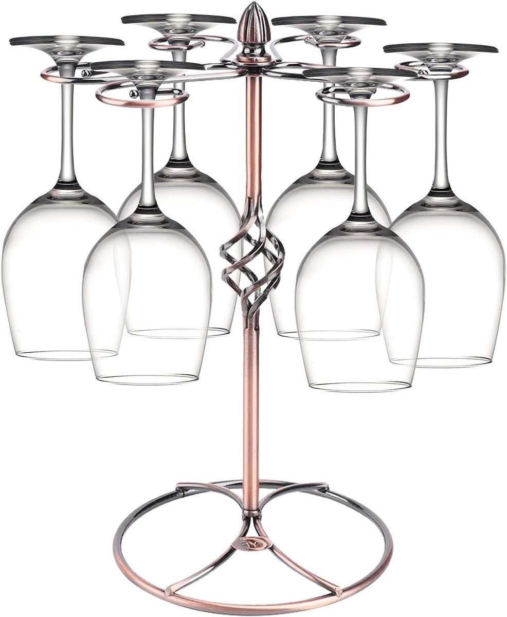 Allecto Plus - Wijnglashouder met 6 Haken voor Luchtdroogrek - Elegant Design - Voor Bar en Thuisopslag - Bronskleurig - Wijnglazen Displayrek