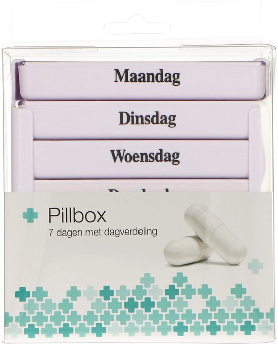 Witte pillendoos met dagen van de week, waaronder 'Maandag', 'Dinsdag', 'Woensdag'.